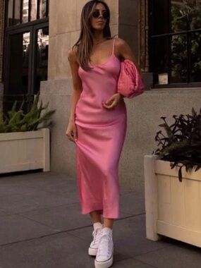 TanLines Aloha Hot Pink Satin Maxi Slip Dress XS Coquette Y2K Resortwear Boho